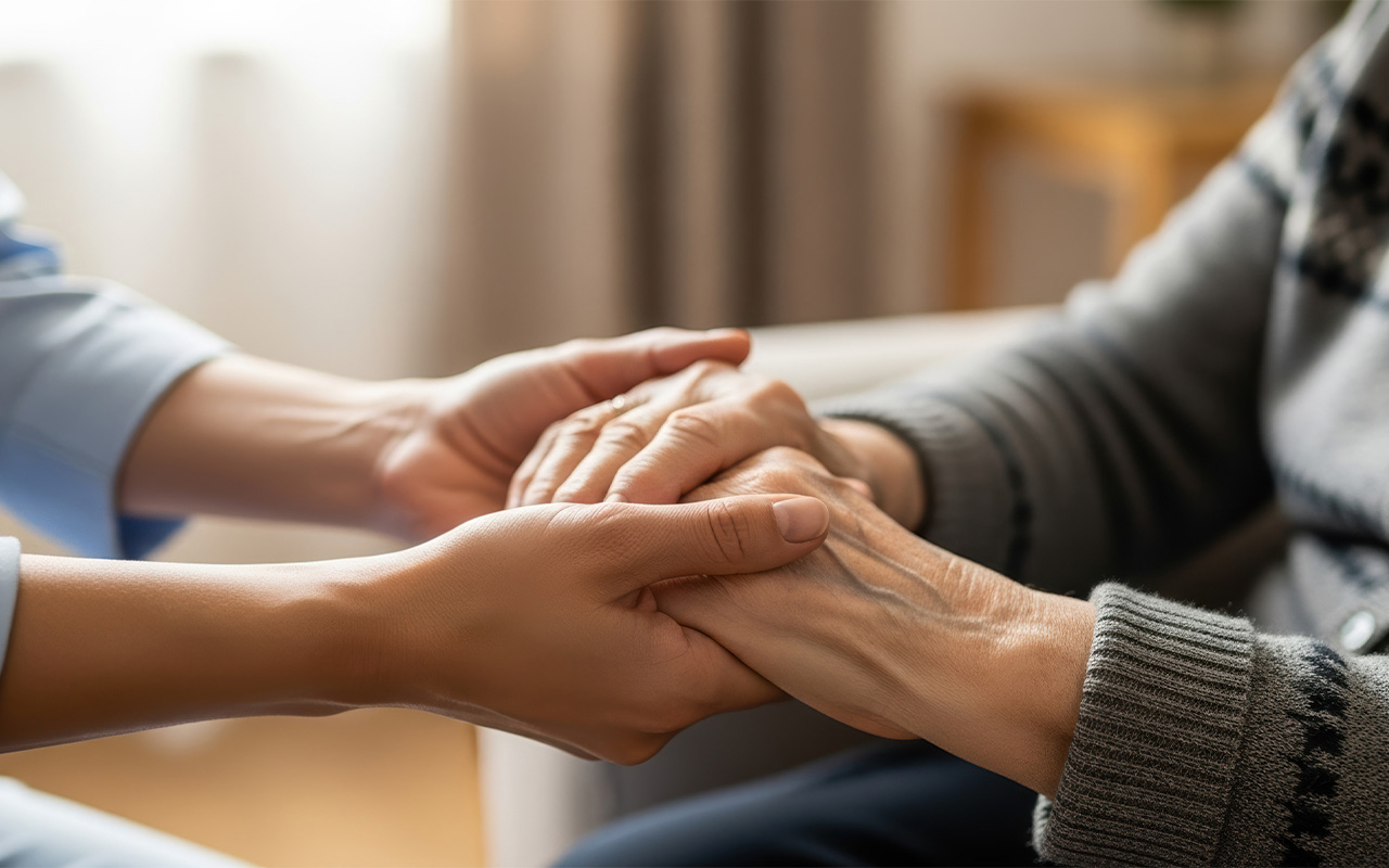 Two people holding hands, showing support