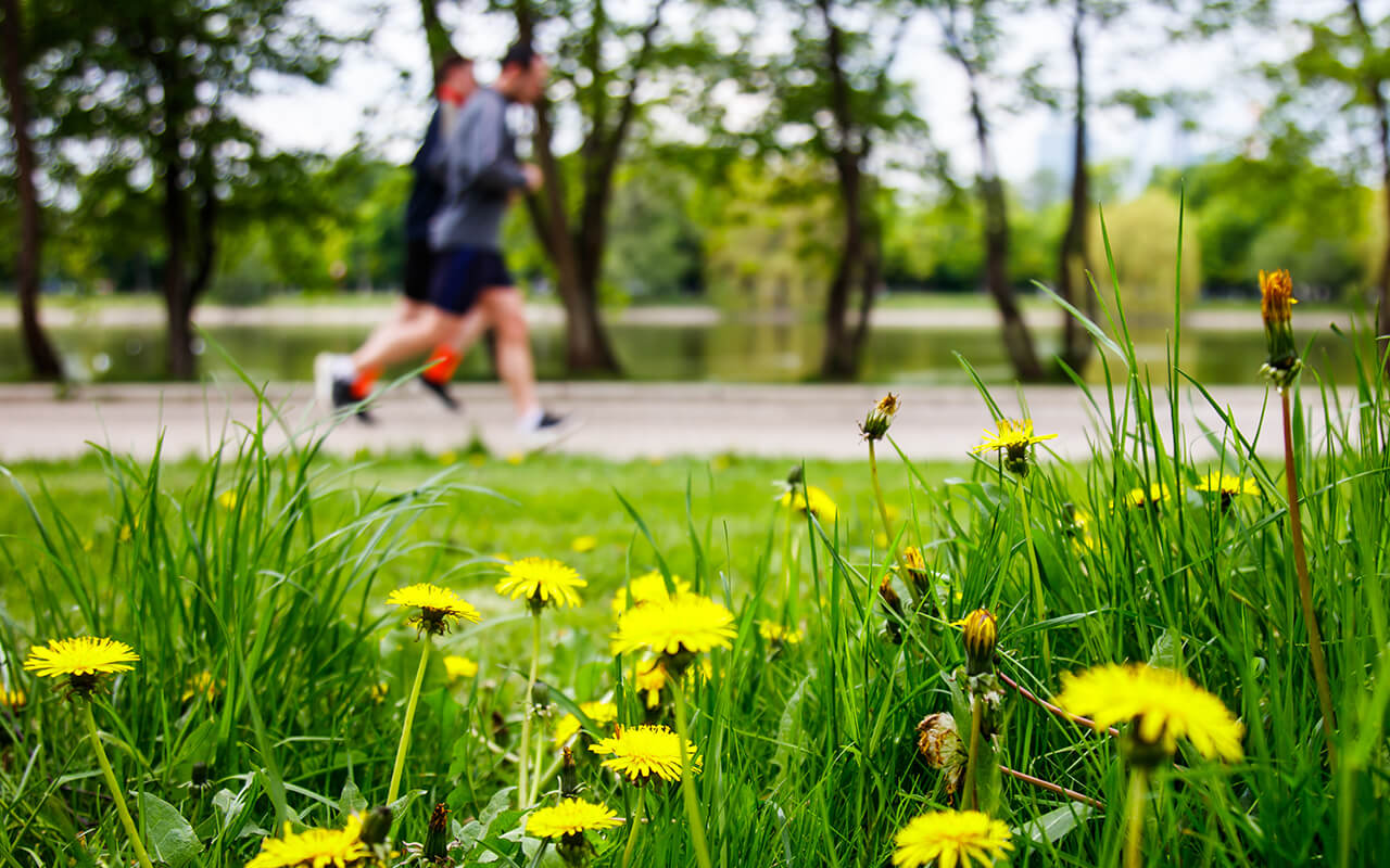 Two people running on a path with flowers