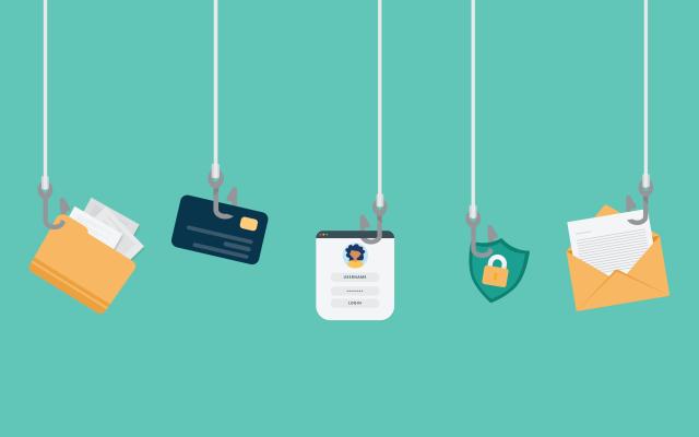 Pieces of sensitive data (credit cards, address, documents, etc.) dangling from fishing wire.