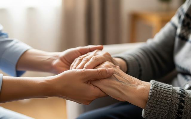 Two people holding hands, showing support