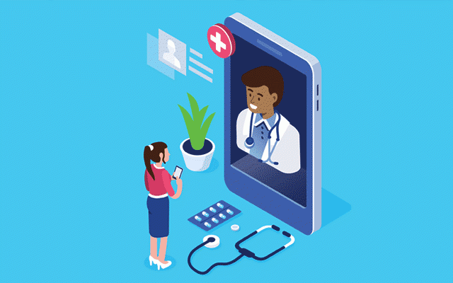 Illustration of woman video chatting with doctor